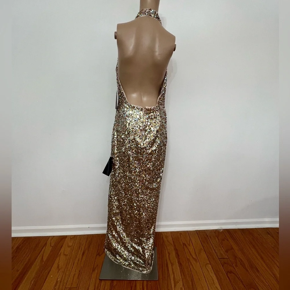 Marciano Limited Edition Shimmering Gold Sequin Halter Gown - Picture 4 of 9